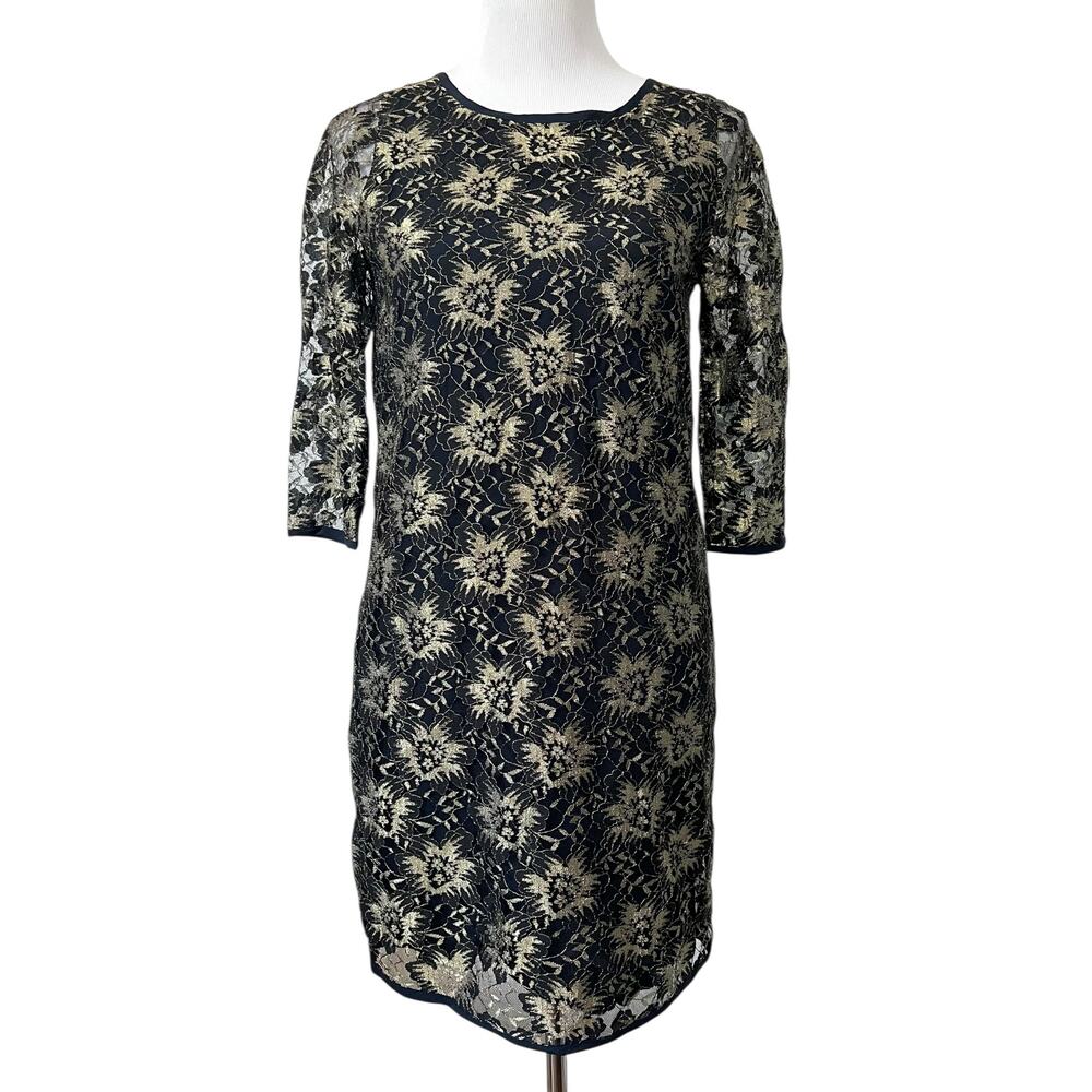 Sam & Lavi Shift Dress Sheer Lace Overlay Navy & Metallic Gold Party Glam Sz XS